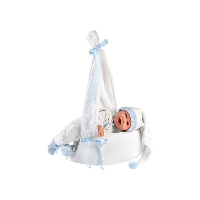 Babypuppe mit Hängewiege blau 42cm – Bild 2